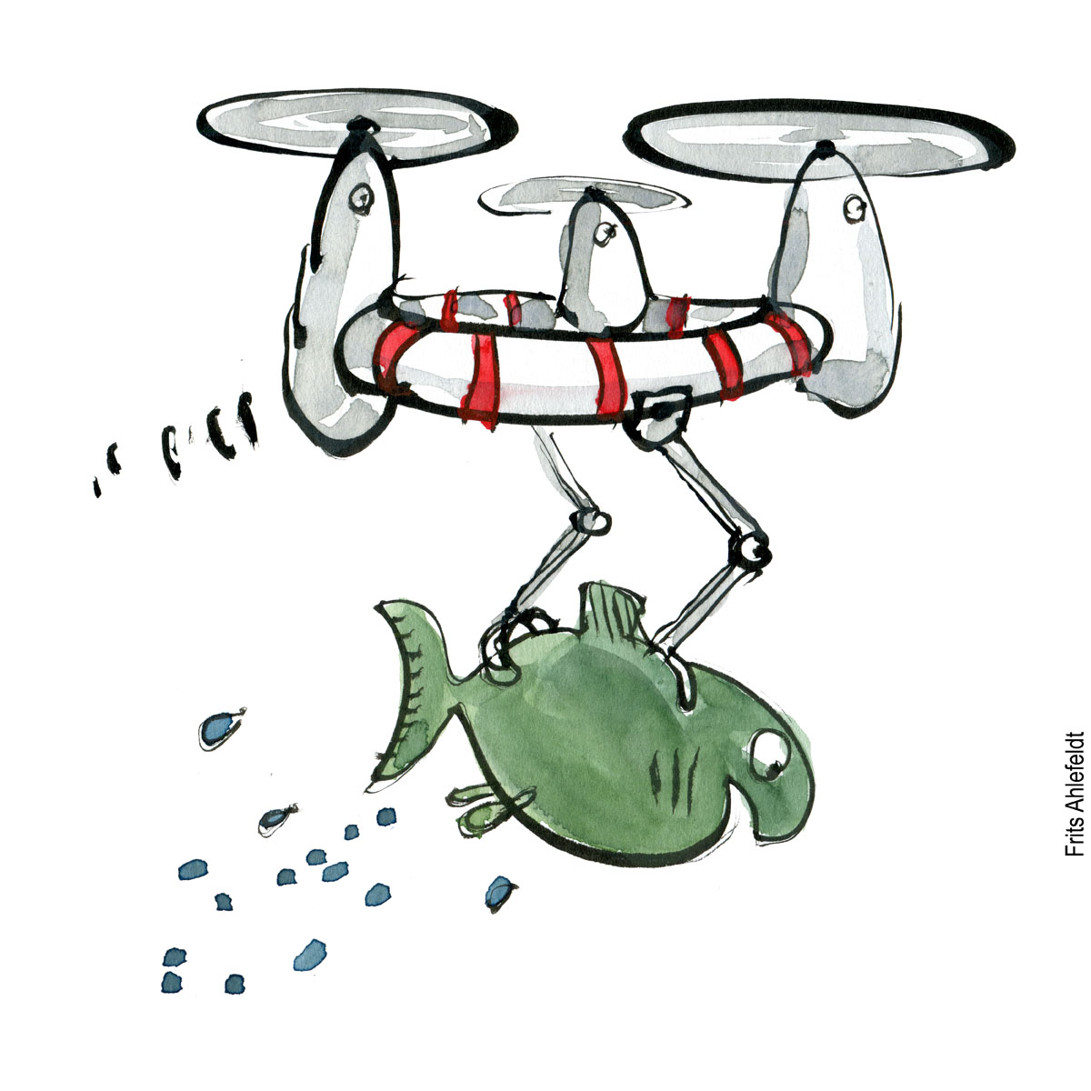 Tegning af drone som løfter en fisk. Biodiversitet illustration af Frits Ahlefeldt