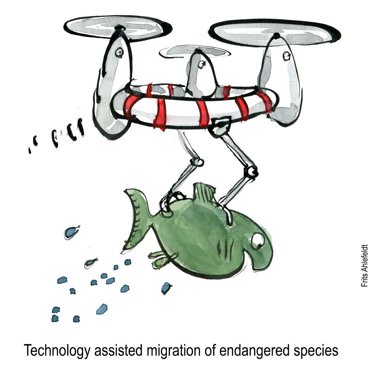 Drawing of drone flying with fish. Biodiversity illustration by Frits Ahlefeldt