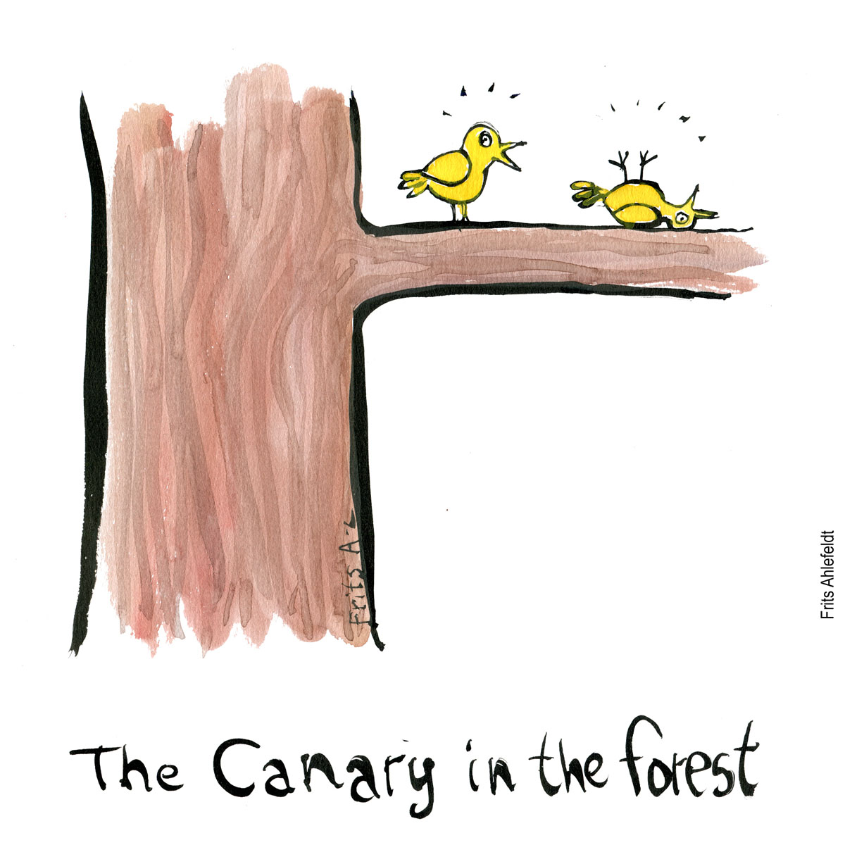 Drawing of canary dead and alive in a tree - Biodiversity as the canary in the mine. Biodiversity illustration by Frits Ahlefeldt